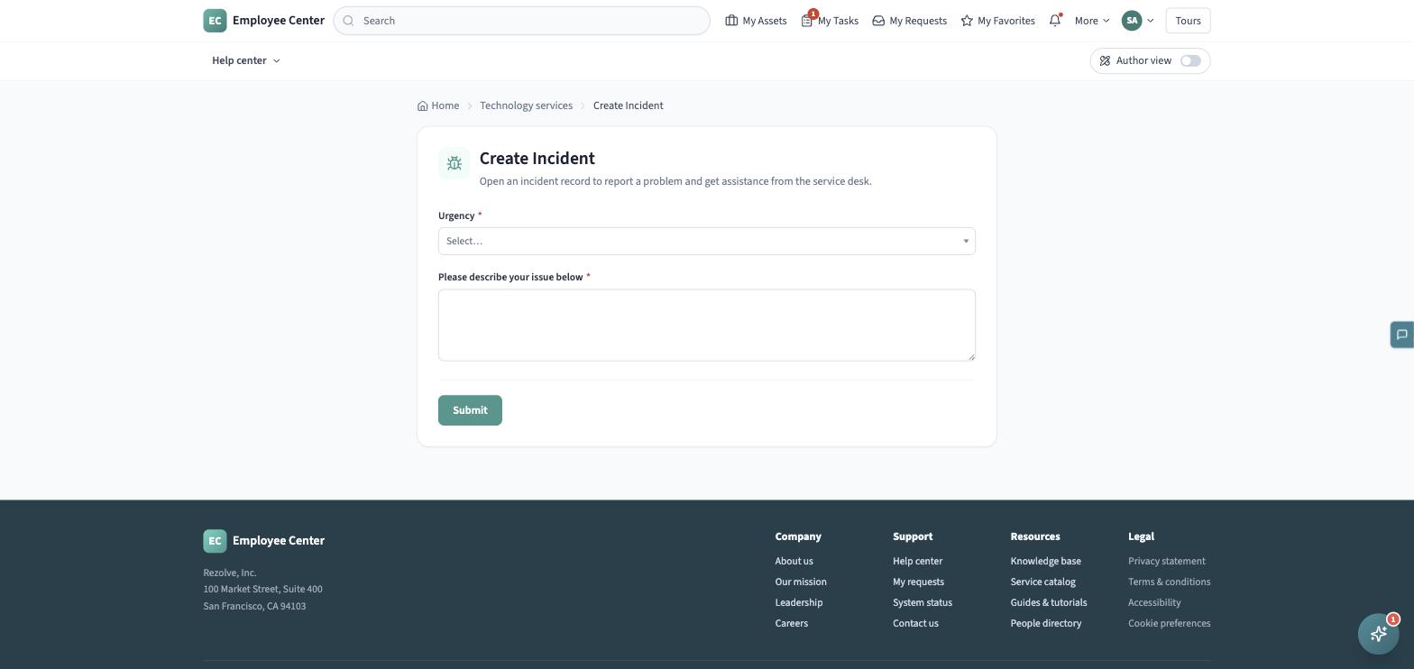 A catalog item’s request form with typed fields and a Submit button