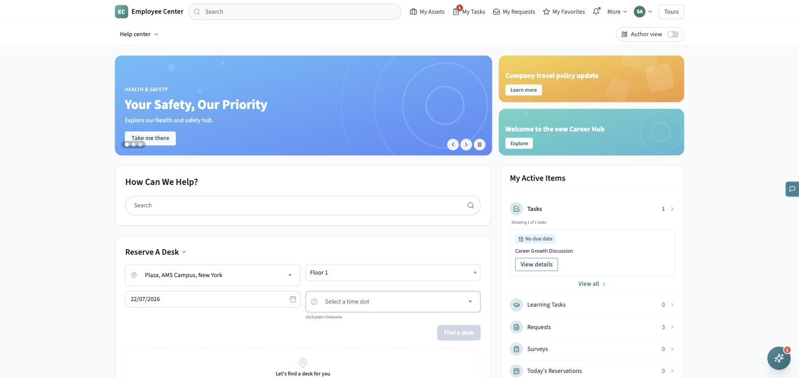 The Employee Center home page, showing the search box, quick links, and active items