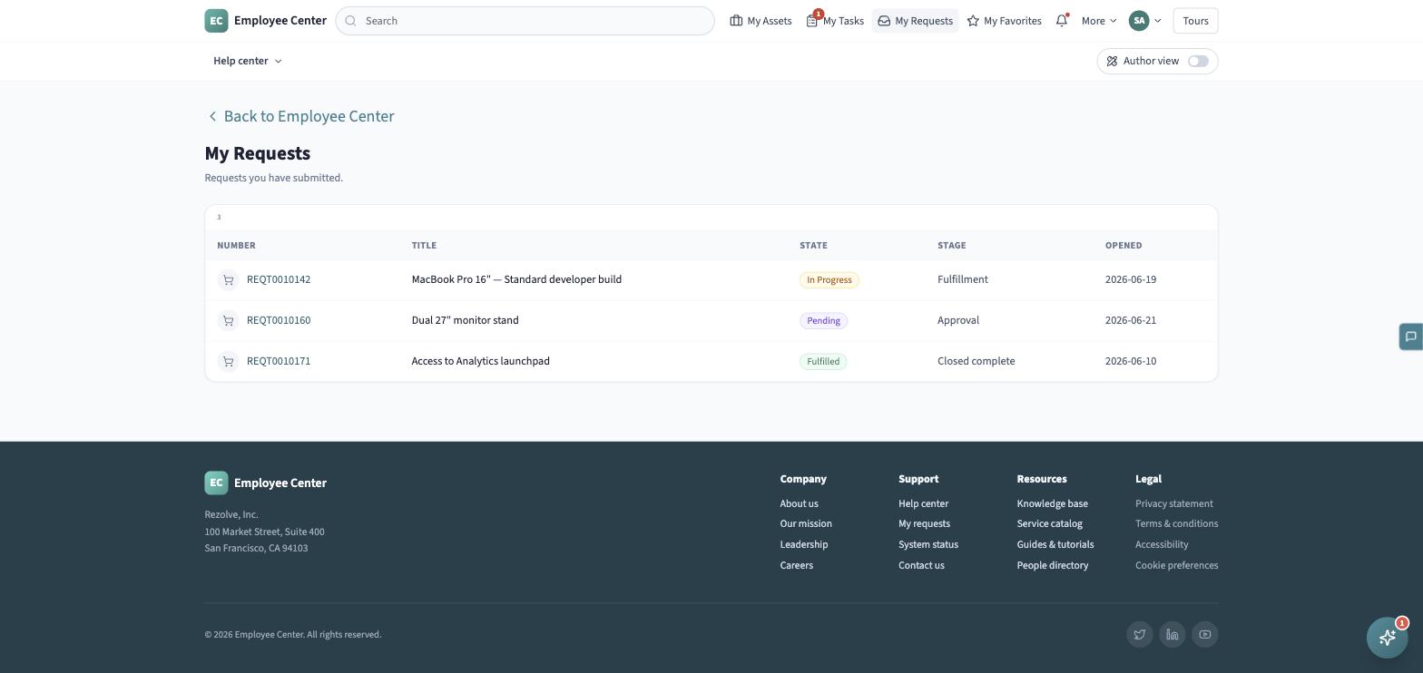 The My Requests list, showing request numbers, titles, and states