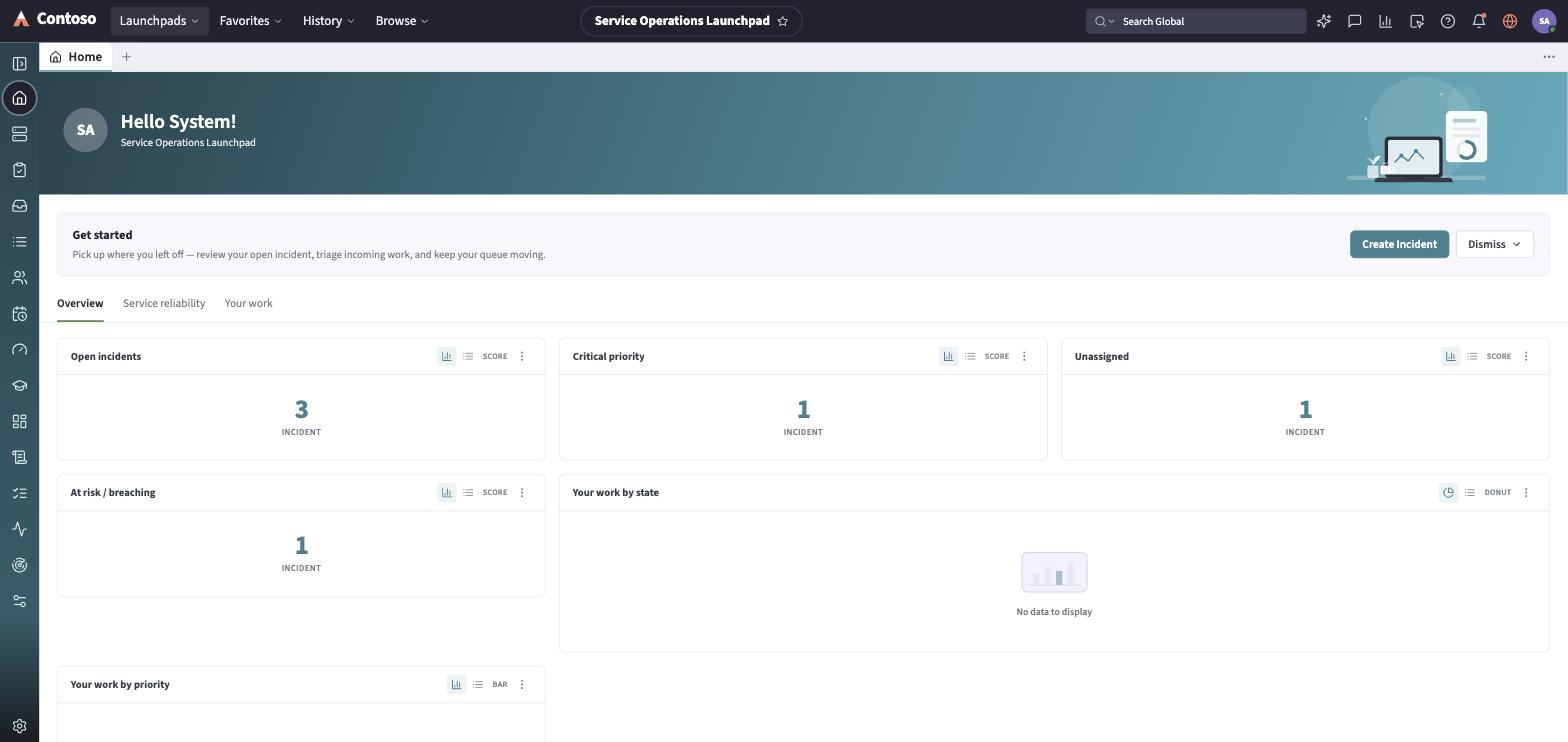A launchpad home dashboard with KPI cards, tabs, and a data list